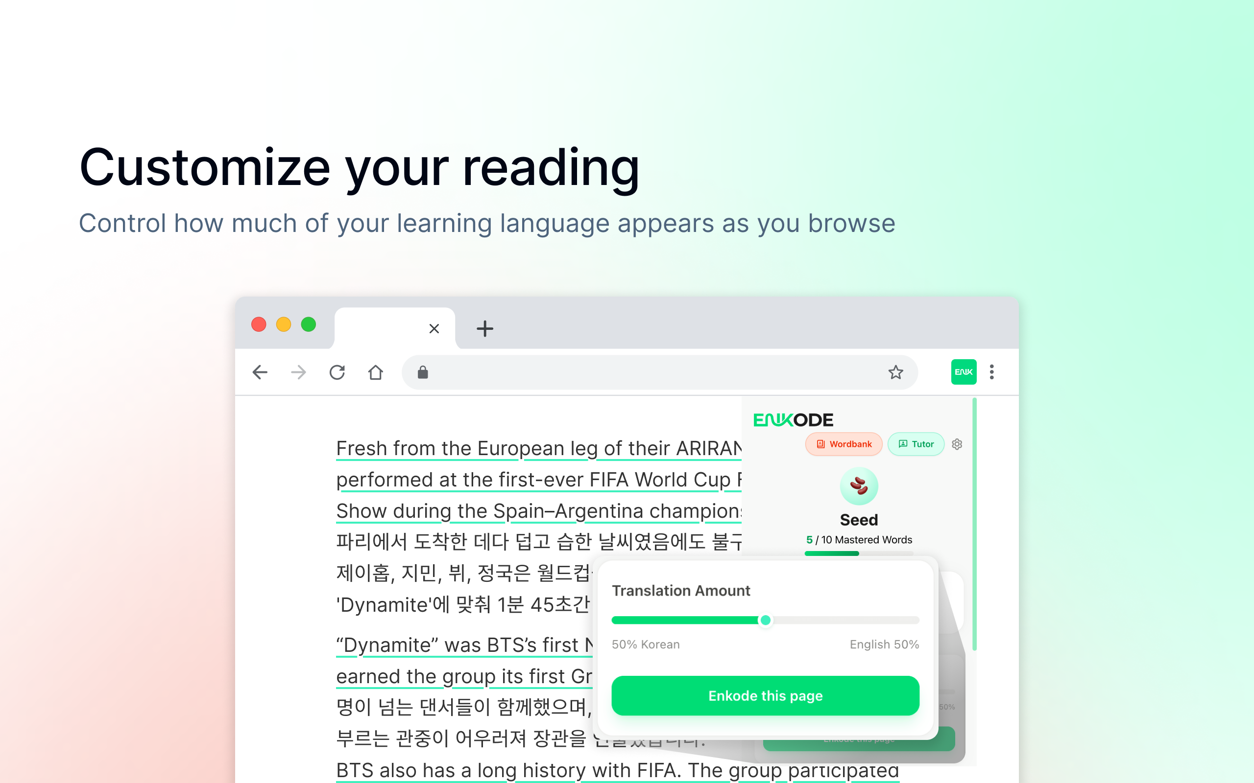 Customize your reading: control how much of your learning language appears as you browse. An article page with some sentences shown in Korean, and the Enkode popup open on a Translation Amount slider set to 50% Korean, 50% English.